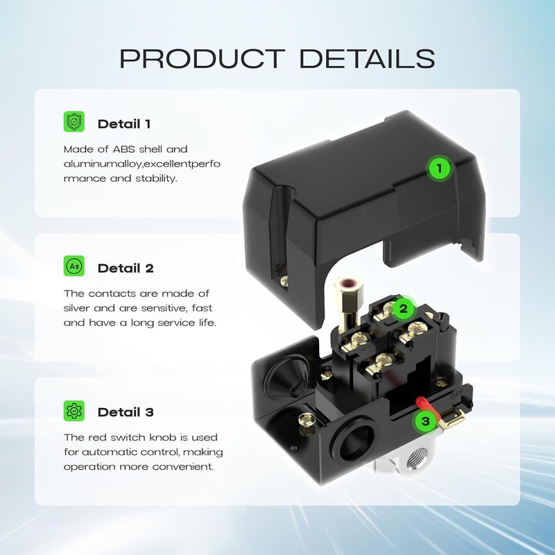 cnaodun Air Compressor Pressure Switch Control Valve, 90-120 PSI Air Compressor Switch Equips Four-Port Pressure Regulator Gauge 1/4 NPT Thread - Image 3